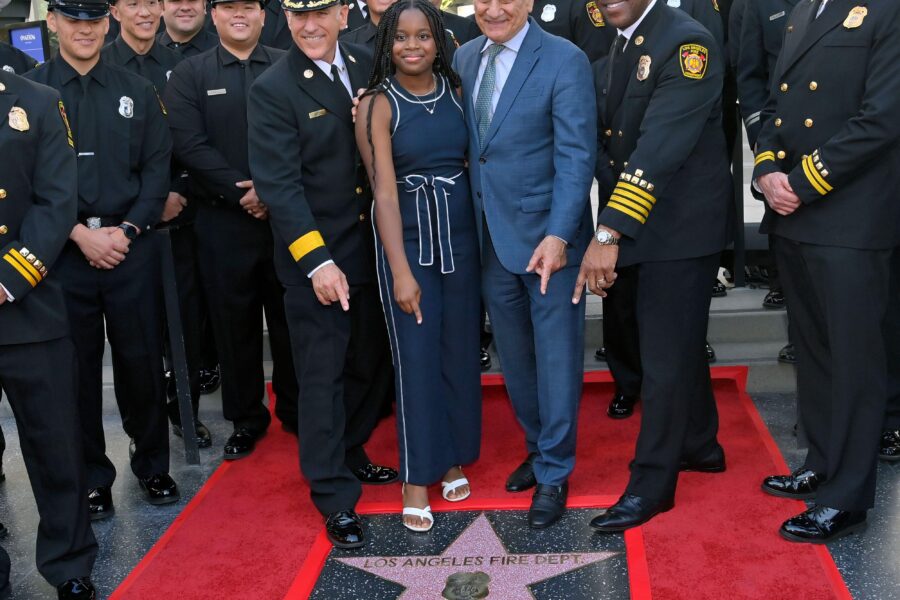 LAFD Chief Jaime E. Mooreen, Eniola Taiwo and Steven Niss President & CEO, Hollywood Chamber of Commerce (L-R) participate in an unveiling ceremony honoring the Los Angeles Fire Department with an Award of Excellence star adjacent to the Hollywood Walk of