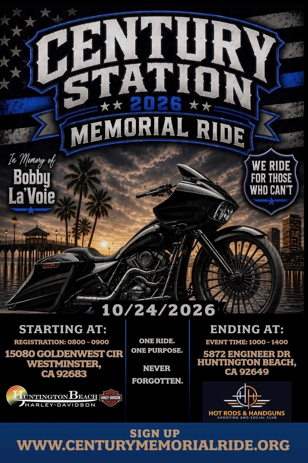 Black motorcycle stands before palm trees, pier, and city skyline at sunset. Poster displays event text, logos, and date details.